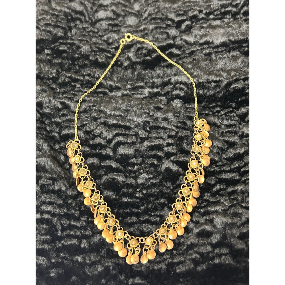 Vintage 1/20 12K Gold Filled Coin Bib Necklace Faux Pearl Ornate Bohemian Fringe